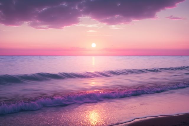 Sun casting a warm, pink hue over calm ocean with soft waves washing onto shore. Perfect for travel promotion, relaxation themes, inspirational quotes, or beach vacation advertising.