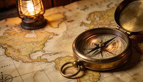 Brass pocket compass resting on aged world map with warm lantern glow