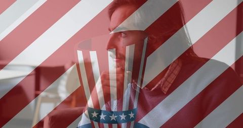 American businessman strategic thinking with patriotic overlay