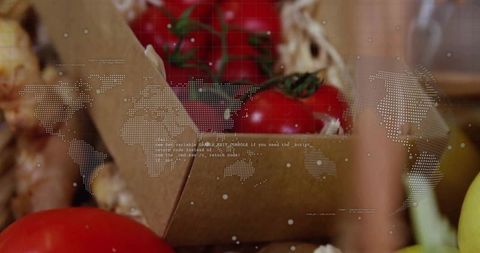 Harvest tomatoes and vegetables with digital overlay at market