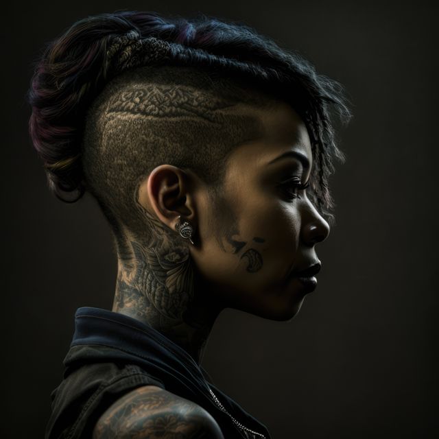 Profile of thoughtful biracial woman with tattoos, created using generative ai technology. Portrait and character, digitally generated image.