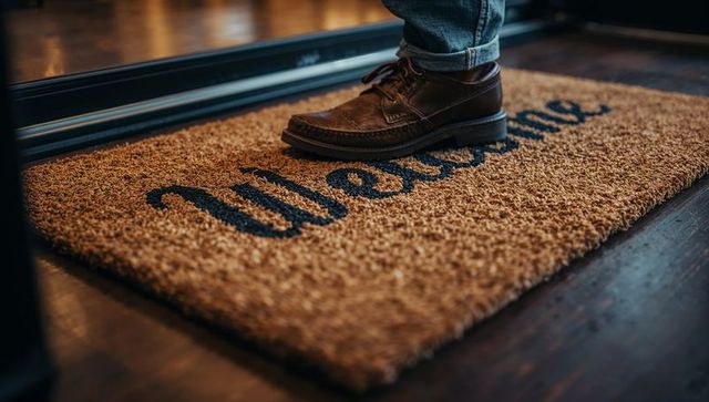 Brown Leather Boot Stepping on Welcome Coir Doormat at Doorway with Rolled Cuff Jeans