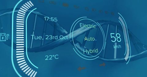 Futuristic ar vehicle hud displaying drive-mode selector and 58 km/h telemetry over dna helix