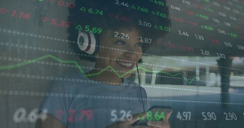 Woman Using Smartphone with Stock Market Data Overlay