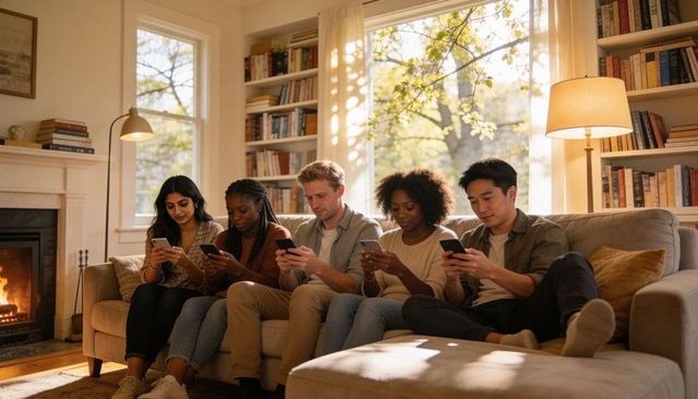 Cozy living room friends scrolling smartphones on sofa with fireplace and sunlit bookcase