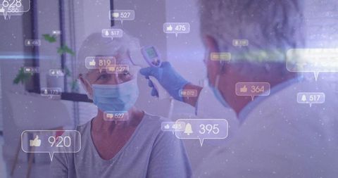 Healthcare Worker Measuring Senior Temperature with Infrared Thermometer and Social Overlay