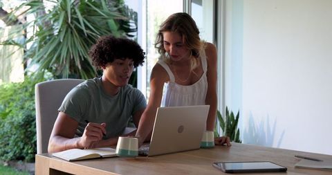 Young Couple Collaborating on Laptop in Contemporary Home Environment