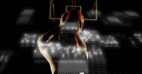 Basketball player preparing jump shot under hoop with holographic matrix data overlay