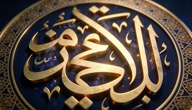 Gold arabic calligraphy medallion on deep blue enamel with ornate geometric filigree