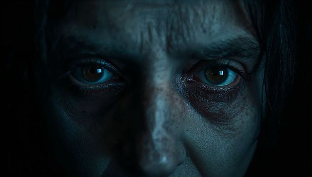 Close-up Portrait of Serene Woman in Dim Blue Light