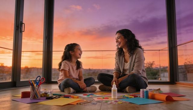 Mother and daughter crafting together at sunset on terrace sharing laughter and creativity