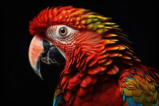 Closeup of vibrant red parrot with colorful feathers on a black background highlighting the bird's intricate details. Ideal for use in wildlife articles, nature documentaries, tropical theme decorations, and animal conservation campaigns.