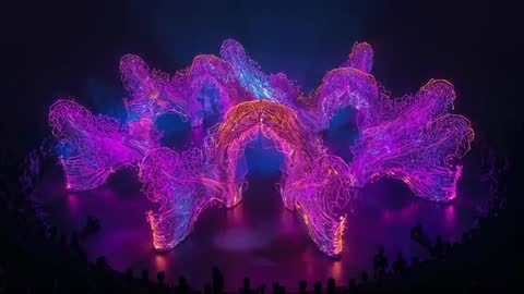 Neon Wave Sculpture Pulsing on Theater Stage with Silhouetted Audience Looping