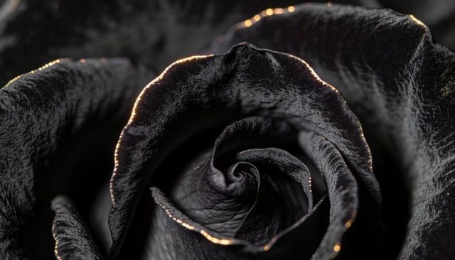 Black rose with glinting gold rim highlights, macro spiral petals, velvet texture, moody close-up