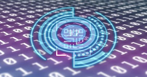 Futuristic digital interface with binary code and scanner overlay