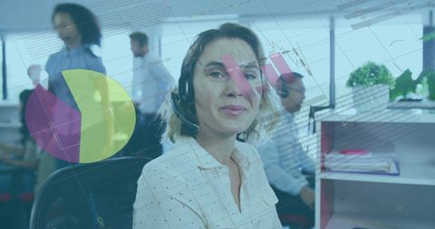 Smiling Businesswoman in Office on Headset with Financial Data Overlay