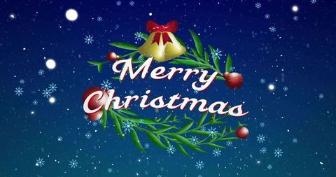 Merry christmas wreath with gold bell and red baubles on snowy night festive background