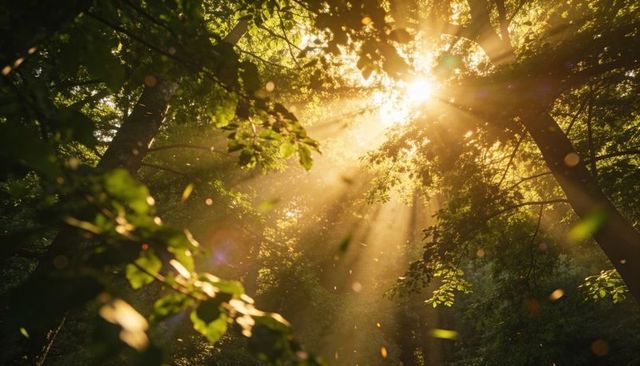 Streaming golden sunbeams piercing dense forest canopy at golden hour