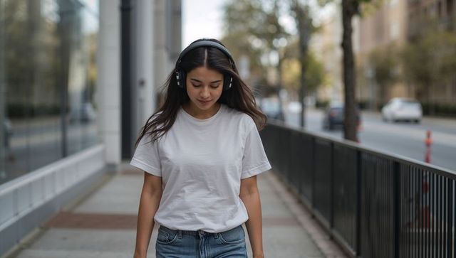 Young woman walking with headphones on urban sidewalk wearing white tee and blue jeans