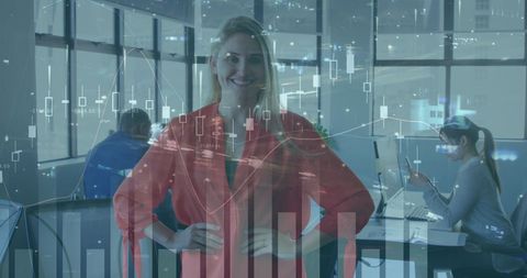 Confident Businesswoman Overlapping Financial Data in Modern Office