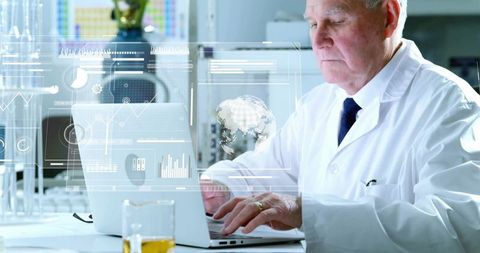 Senior scientist analyzing holographic data on laptop running digital laboratory analytics