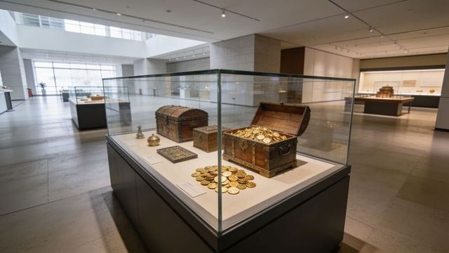 Displaying antique treasure chest overflowing with gold coins in museum display case