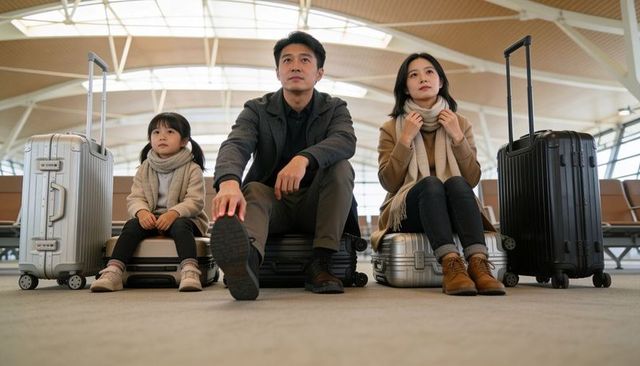 Family of three waiting at airport gate sitting on carry-on luggage adjusting scarves