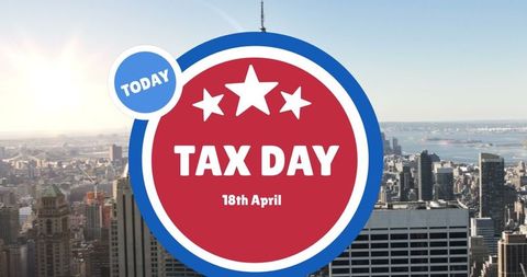Tax day reminder on urban city skyline with circular alert graphic