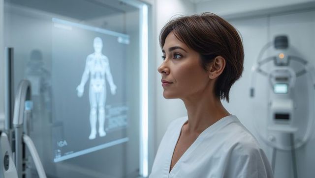 Female radiology technologist reviewing holographic anatomy display in high-tech imaging lab