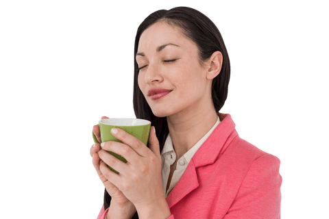 Caucasian Woman Savoring Coffee on Transparent Background