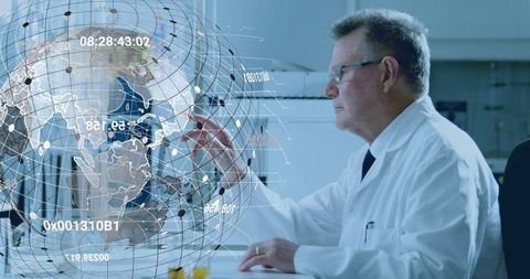 Scientist with Holographic Globe in Cutting-Edge Research Lab