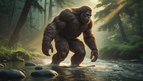 Ape-like creature crossing lush forest river at sunrise
