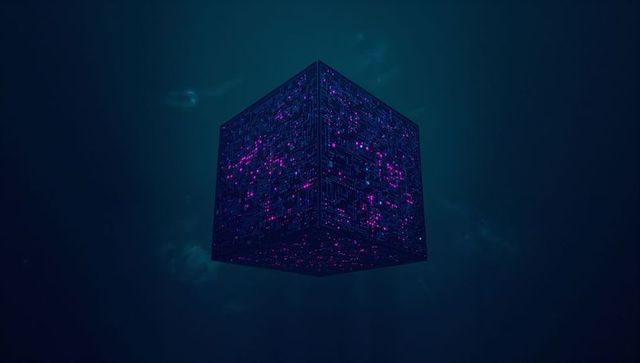 Floating Futuristic Cube with Circuit Patterns and Purple Nodes