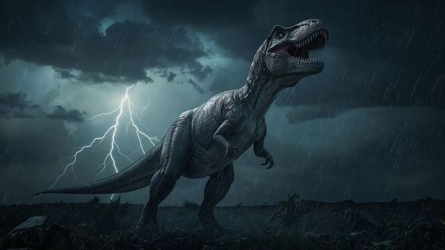 Dinosaur awaits: tyrannosaurus roaring through turbulent storm