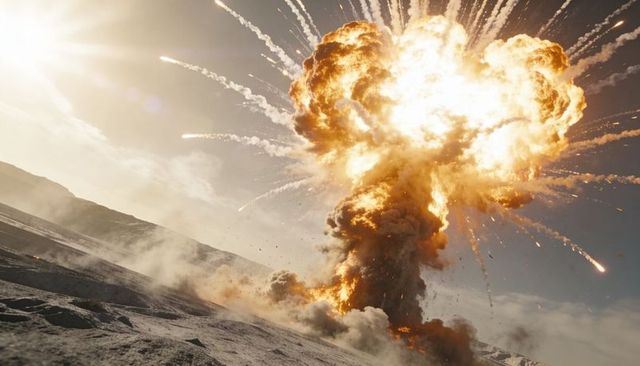 Cinematic desert explosion creating massive fireball and mushroom cloud with debris trails