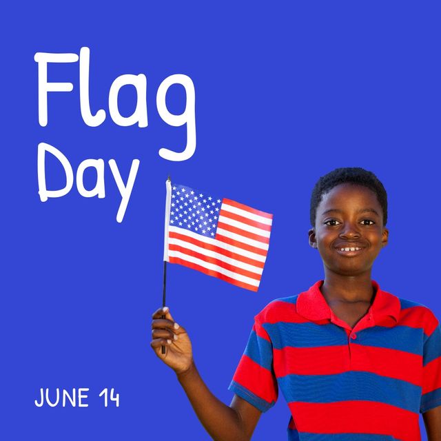 Digital composite image of national flag day text with african american boy holding america flag. childhood, symbolism, patriotism and identity concept.
