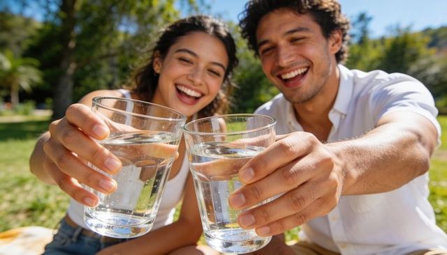 Young couple toasting with glasses of water on sunny park picnic, smiling and hydrating