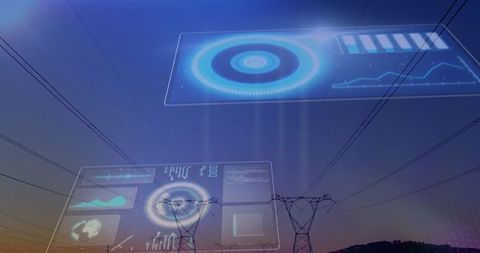 Futuristic Energy Network with Holographic Data Panels at Dusk