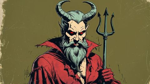 Horned satan with trident in grunge style