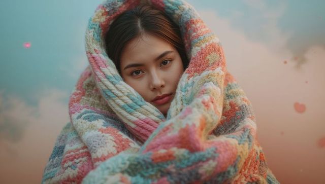 Cozy Asian Woman Snuggled in Pastel Knitted Blanket with Soft Gradient Backdrop