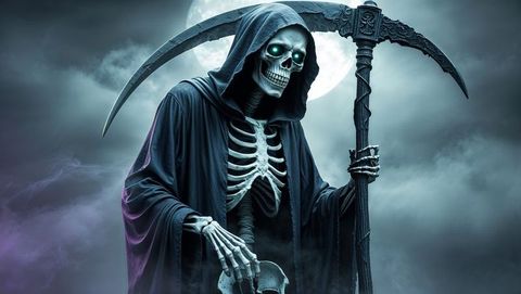 Hooded skeletal grim reaper figure holding scythe under moonlit sky