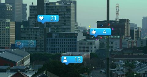 Urban skyline with social media engagement overlays featuring like, heart, comment bubbles