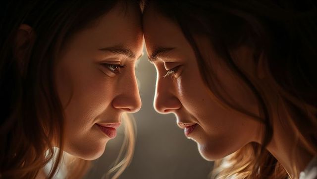 Intimate forehead touch between two women backlit closeup portrait with warm rim light