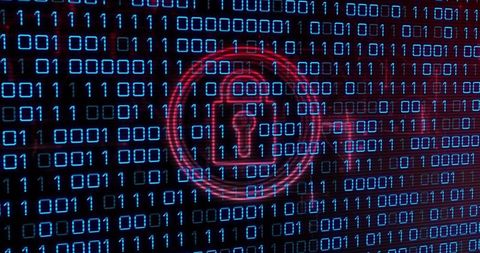 Neon Cybersecurity Padlock Over Binary Code Matrix, Data Encryption Concept, Digital Security
