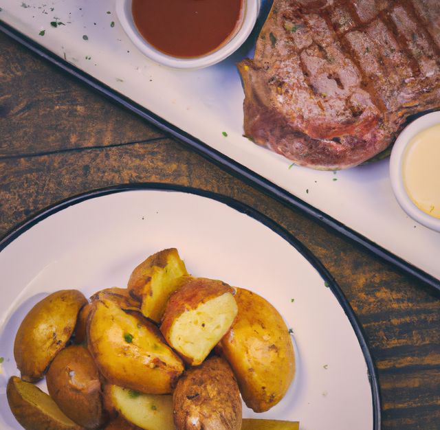 Grilled steak served with a side of roasted potatoes and dipping sauces. Perfect for restaurant advertisements, food blogs, cookbooks, and menus. Highlights the delicious and gourmet aspects of a meal.