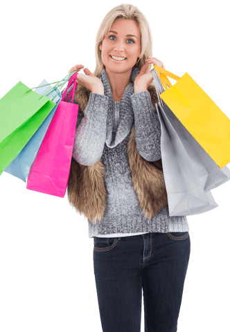 Blonde woman in winter attire carrying colorful shopping bags transparent