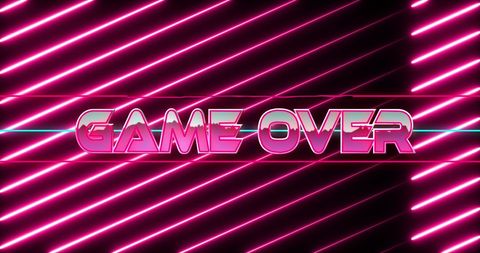 Retro neon game over screen with vibrant grid, capturing vintage gaming aesthetics. Perfect for illustrating nostalgic gaming themes, digital interfaces, or entertainment articles. Vibrant colors make it suitable for use in marketing or pop culture related projects.