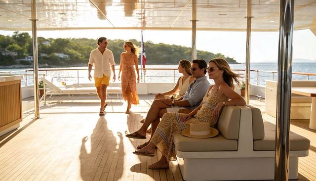 Luxury yacht lifestyle golden hour friends relaxing walking on sunlit teak deck ocean view