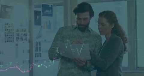 Team Collaborating on Data with Holographic Graphs in Modern Office