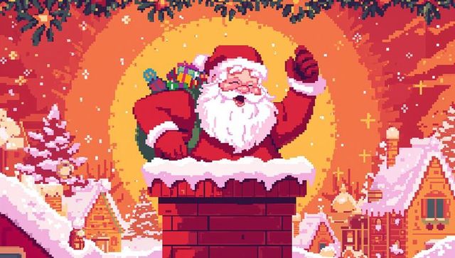 Pixel santa emerging from chimney on snowy retro village rooftop with gift sack